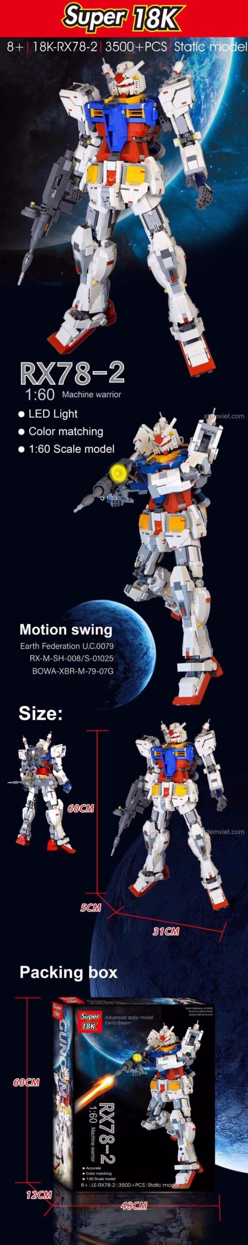 Thông số kỹ thuật đồ chơi mô hình Super 18K K80 Gundam Nguyên Bản, có đèn LED, tỉ lệ 1:60.