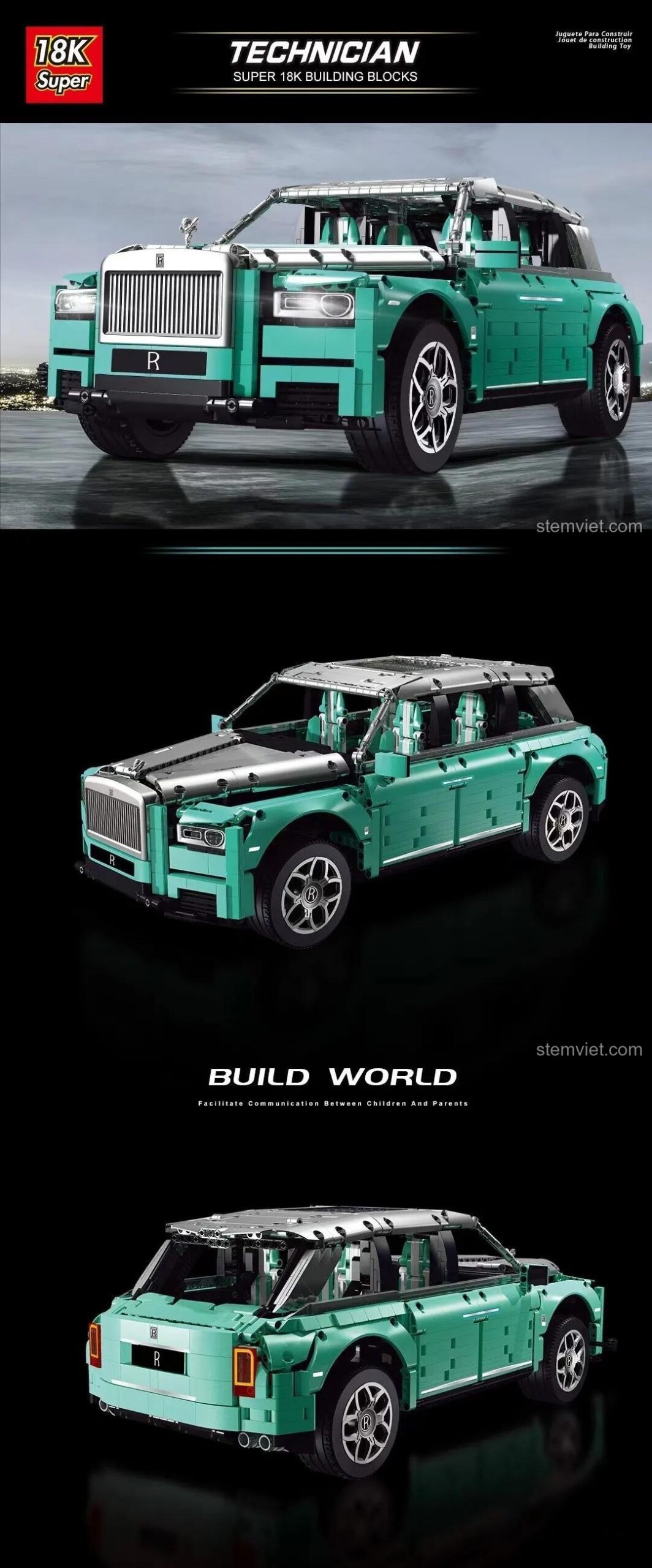 Toàn cảnh mô hình Rolls-Royce Cullinan Super 18K K93B màu xanh lơ, bộ lắp ráp xe SUV hạng sang 3161 chi tiết, đồ chơi lắp ghép cho bé trai 8 tuổi.