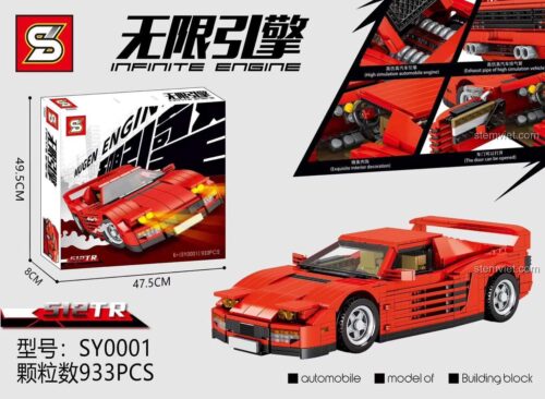 Hộp đồ chơi lắp ghép SY0001 Ferrari Testarossa hiển thị kích thước 49.5x47.5x8cm, mô hình siêu xe đỏ 933 chi tiết, đáng tiền cho bé trai 6 tuổi.