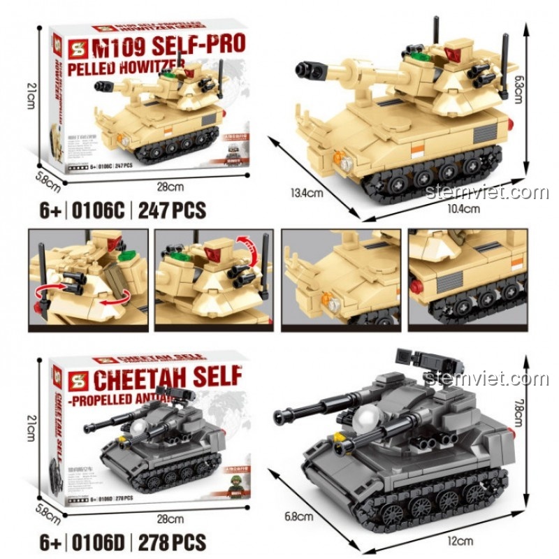 Hộp trưng bày các mẫu đồ chơi mô hình xe tăng SY 0106, đồ chơi xếp hình cho con trai trên 6 tuổi.