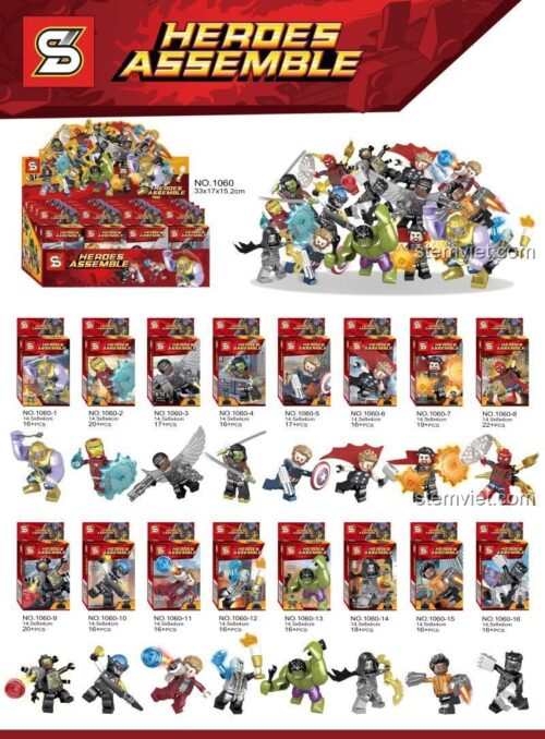 Hộp bộ lắp ghép SY1060 Biệt Đội Siêu Anh Hùng, đồ chơi lắp ráp Jia Zhi Nhân vật Marvel 1060, bộ xếp hình Siêu anh hùng Avengers SY, đồ chơi mô hình Các siêu anh hùng Jia Zhi cho bé trai 6 tuổi.