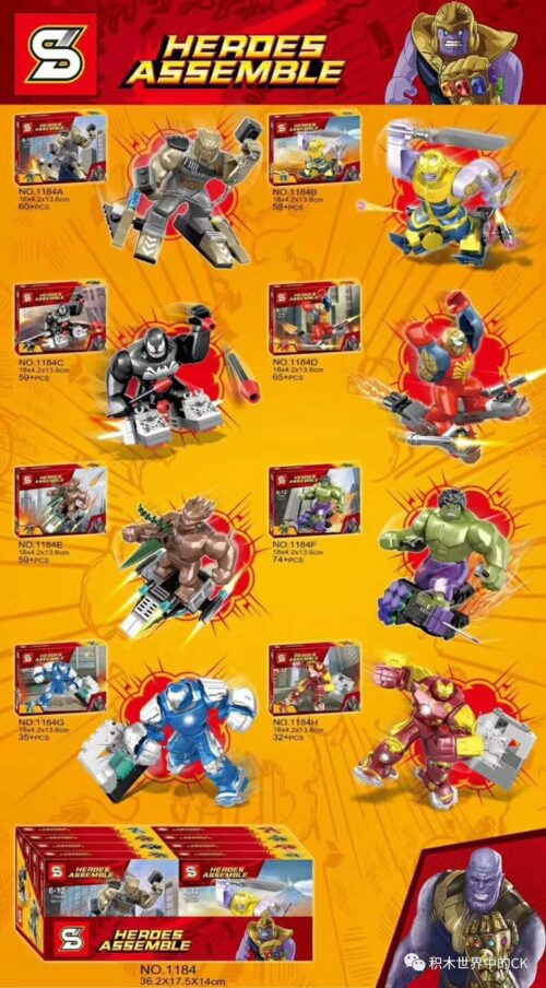 Bộ lắp ghép Siêu Anh Hùng SY 1184 Heroes Assemble với 8 mô hình lớn, đồ chơi lắp ráp Thanos, Hulk, Iron Man, Venom, Groot, Spider-Man, Black Panther, Korg, phù hợp bé trai 6-12 tuổi, giá tốt.