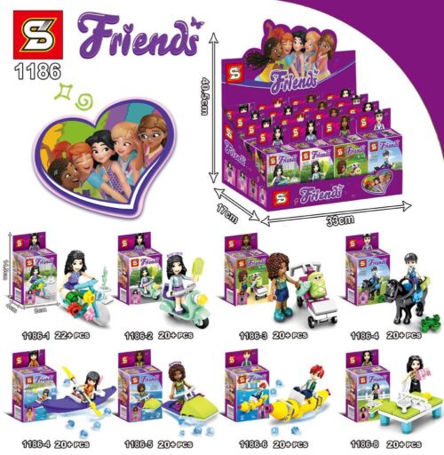 Bộ đồ chơi Friends SY 1186 với 8 mẫu nhân vật và phương tiện đa dạng, phù hợp bé gái 6 tuổi, giá tốt, kích thích sáng tạo và phối hợp tay mắt.
