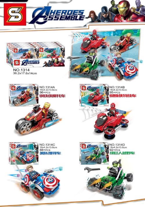 Bộ đồ chơi lắp ráp SY1314 Heroes Assemble, bao gồm xe đặc nhiệm Người Nhện, xe Iron Man, xe Captain America và xe Hulk. Đồ chơi mô hình siêu anh hùng cho bé trai 6 tuổi, giá tốt.