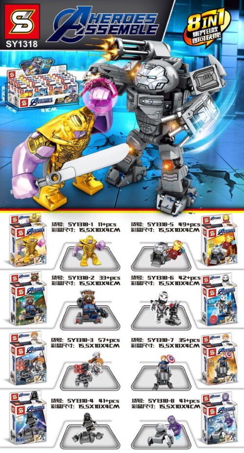 Bộ lắp ráp SY1318 Heroes Assemble 8 trong 1 với War Machine Hulkbuster và Thanos, đồ chơi siêu anh hùng Marvel cho bé trai 6 tuổi.