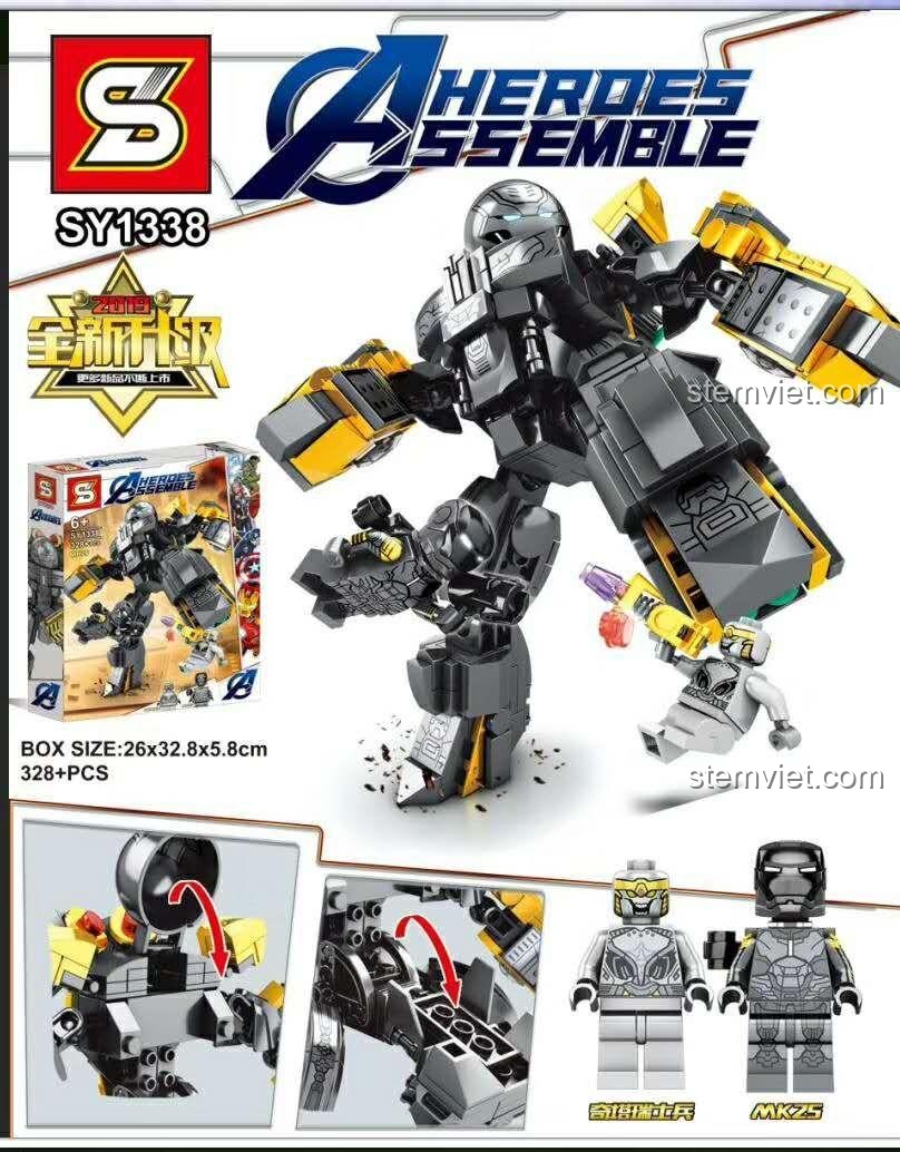 Đồ chơi lắp ráp Hulkbuster MK25 SY1338 với khớp nối linh hoạt, Người Sắt Chống Hulk MK25 SY cho bé trai 6 tuổi.