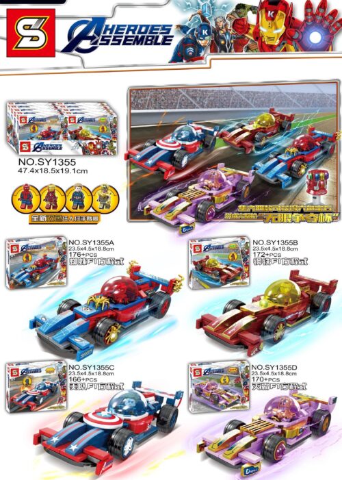 Bộ đồ chơi SY1355 Bộ 4 Xe Đua F1 Siêu Anh Hùng Marvel với động cơ kéo lùi, minifigures Người Nhện, Người Sắt, Đội Trưởng Mỹ, Thanos. Đồ chơi lắp ráp SY1355D cho bé trai 6 tuổi, giá tốt.