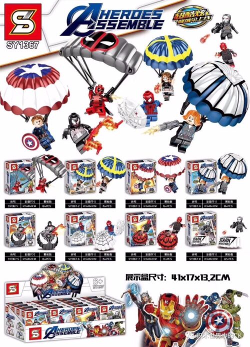 Bộ đồ chơi Minifigure Biệt Đội Siêu Anh Hùng SY1367 với 8 nhân vật Marvel có dù nhảy thật, phù hợp cho bé trai 6 tuổi, giá tốt.