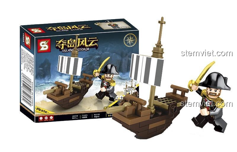 Mô hình thuyền hải tặc JIAZHI 1550A với minifigure và thuyền nhỏ, một trong 8 kiểu lắp ráp độc đáo, phù hợp cho bé trai yêu thích phiêu lưu.