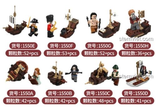 Các mô hình nhỏ trong bộ đồ chơi lắp ráp Tàu cướp biển JIAZHI 1550, mỗi mô hình có số mảnh ghép riêng, giúp bé trai 6 tuổi phát triển tư duy sáng tạo.
