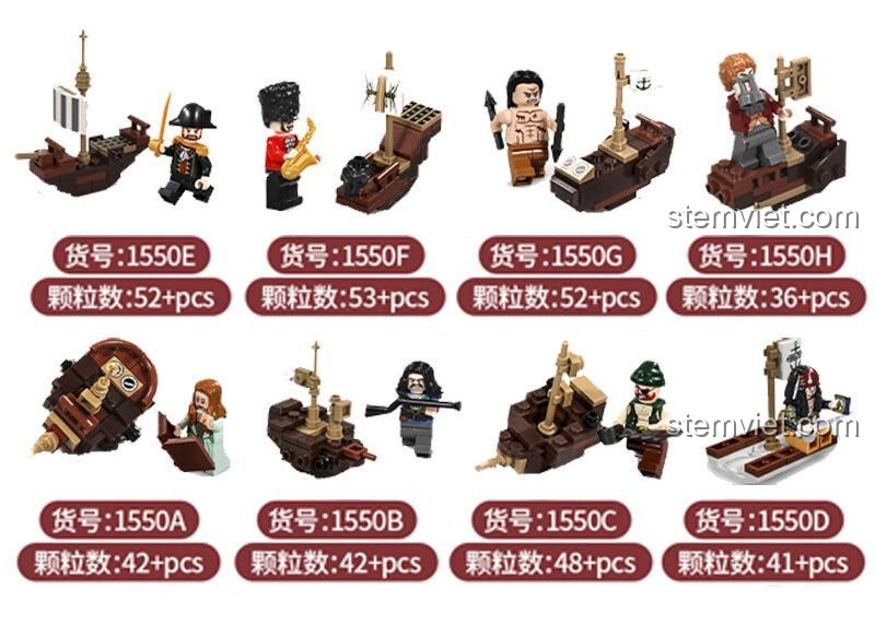 Các mô hình nhỏ trong bộ đồ chơi lắp ráp Tàu cướp biển JIAZHI 1550, mỗi mô hình có số mảnh ghép riêng, giúp bé trai 6 tuổi phát triển tư duy sáng tạo.