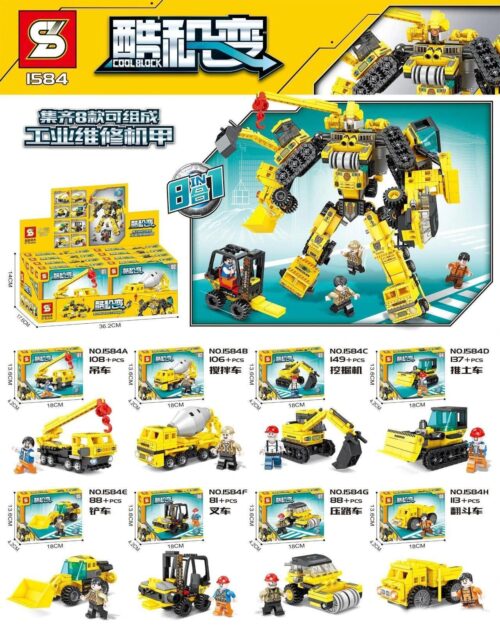 Bộ lắp ráp Robot hợp thể SY 1584 từ 8 xe công trình, với 870 chi tiết, là món đồ chơi sáng tạo cho bé trai 6 tuổi.