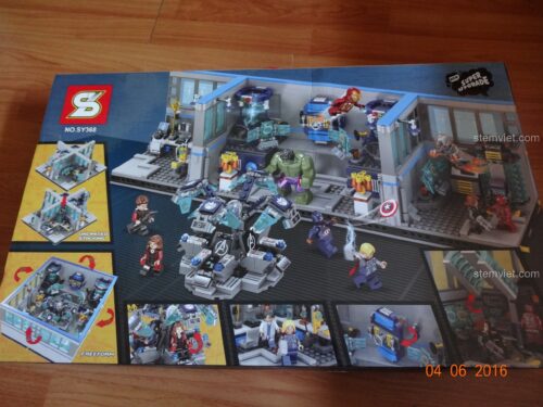 Bộ lắp ghép SY368 Căn cứ Avengers, hộp sau, thể hiện khả năng lắp nhiều kiểu, đồ chơi cho bé trai 6 tuổi.