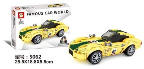 Ảnh hộp và mô hình bộ lắp ráp xe đua SY 5062 Toyota 2000 GT 1967 màu vàng, đồ chơi cho bé trai 6 tuổi giá rẻ.