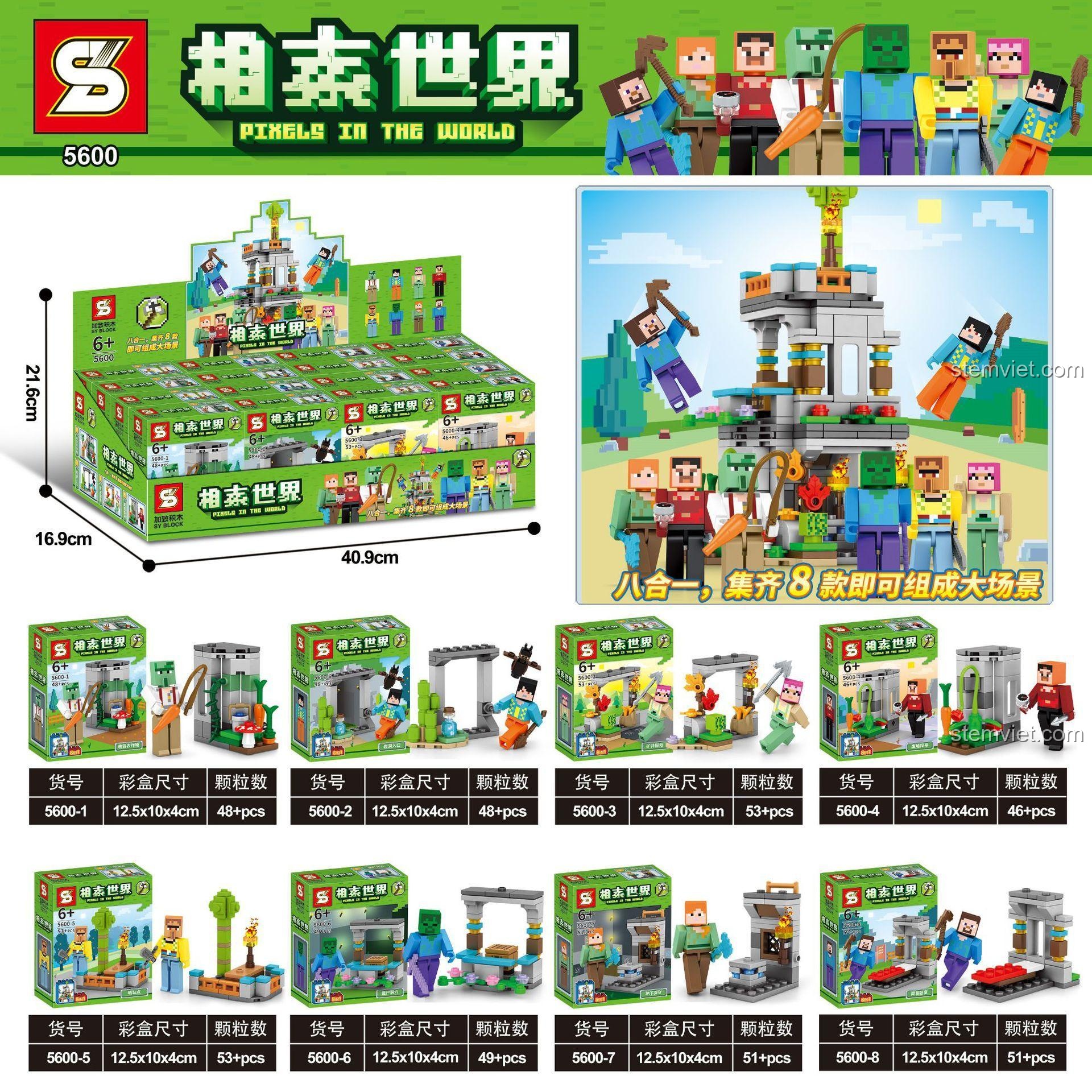 Hộp đồ chơi mô hình SY 5600 Thế giới Minecraft, bộ lắp ghép 8 trong 1 với 399 chi tiết, quà tặng cho bé trai.