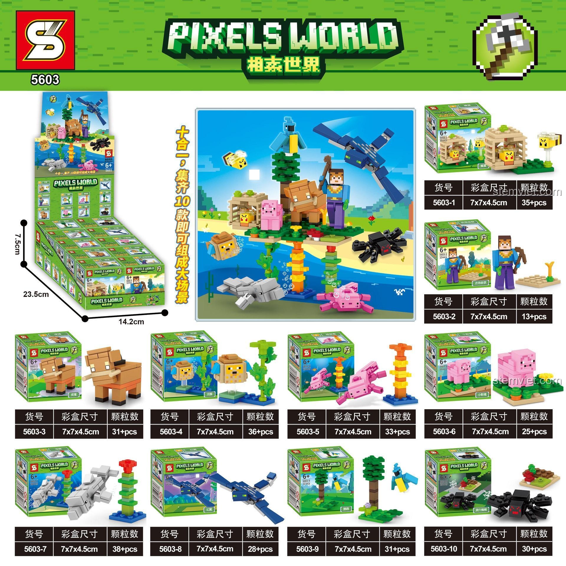 Hộp đồ chơi lắp ráp SY 5603 Thế Giới Pixel hiển thị kích thước và số mảnh ghép, lựa chọn tiết kiệm cho bé trai 6 tuổi yêu Minecraft.