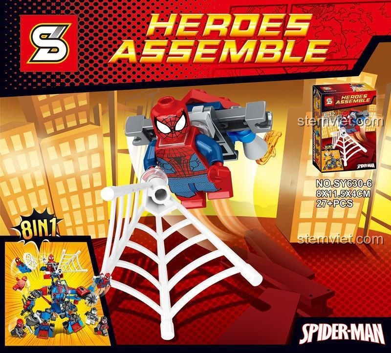 Hộp sản phẩm đồ chơi mô hình Người Nhện Hợp Thể SY630-6, bộ xếp hình Robot Người Nhện 8 trong 1 SY Block giá rẻ cho bé trai.