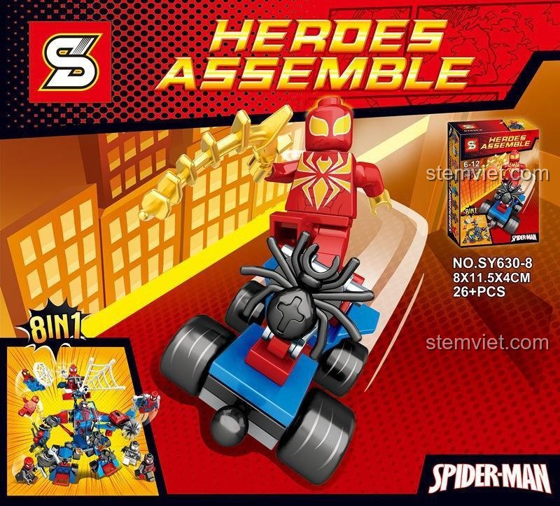 Hộp đồ chơi lắp ráp Người Nhện SY630-8, bộ xếp hình Người máy cơ giáp Người Nhện, đồ chơi mô hình Người Nhện: Trở Về Nhà, cho bé trai 6 tuổi, giá rẻ, kích thước hộp 8x11.5x4cm.