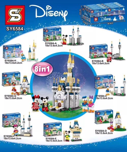 Bộ lắp ghép Lâu Đài Disney SY6584 8in1 cùng Chuột Mickey và Vịt Donald, bộ đồ chơi lắp ráp lâu đài cổ tích SY chất lượng cao cấp, giá tốt cho bé trai và bé gái 6 tuổi, có ảnh hộp sản phẩm và kích thước chi tiết.