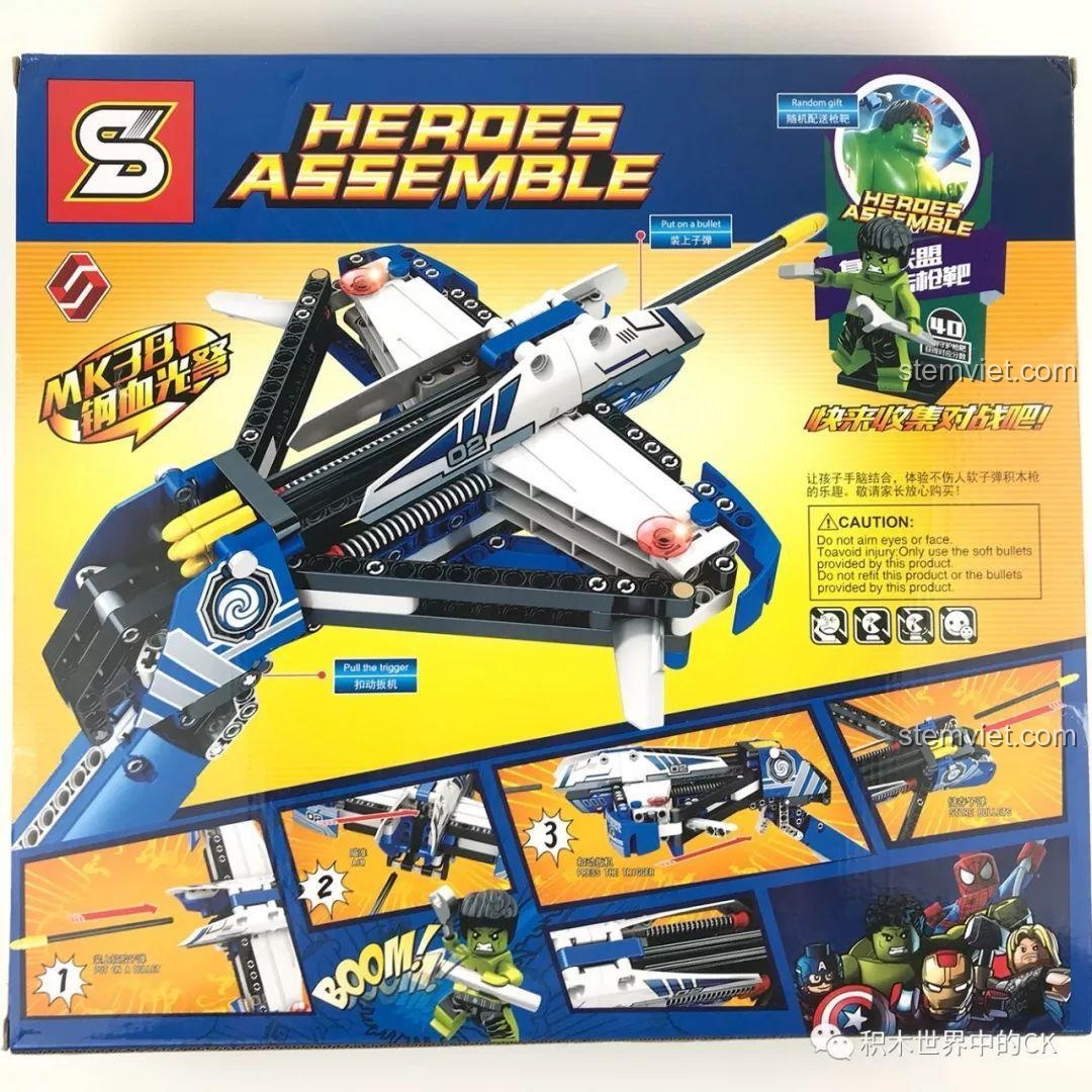 Mặt sau hộp bộ lắp ghép SY 7016, hướng dẫn cách lắp đạn và bắn, cùng với 2 mẫu lắp ráp khác nhau.