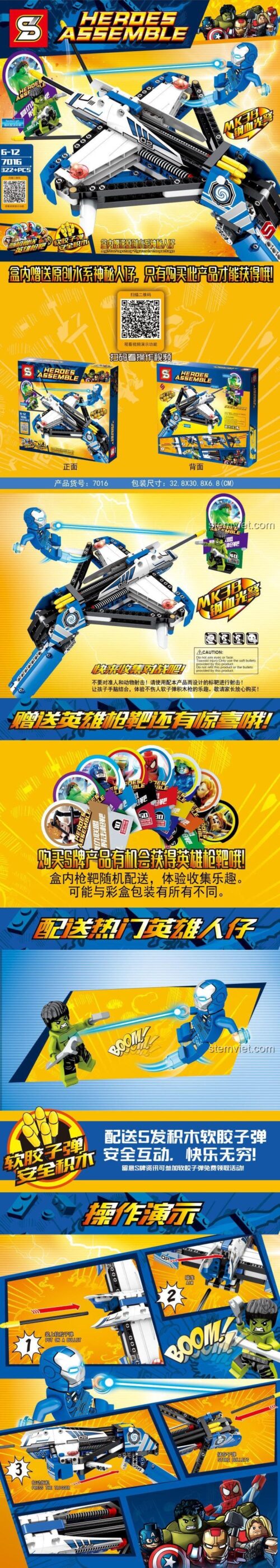 Poster quảng cáo bộ xếp hình SY 7016 Nỏ Iron Man MK38 với các chi tiết nổi bật và 2 chế độ lắp ráp.