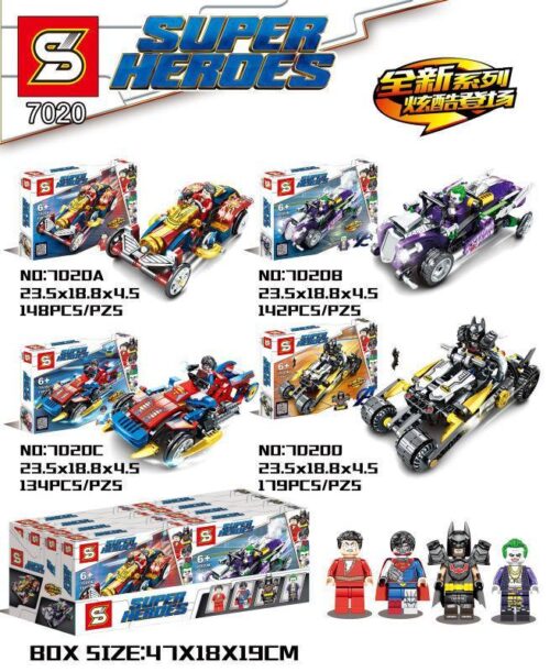 Bộ lắp ráp xe chiến đấu siêu anh hùng SY 7020 với 4 mẫu xe và 4 minifigure siêu anh hùng Batman, Superman, Joker, Shazam. Đồ chơi lắp ráp cho bé trai 6 tuổi, giá tốt.