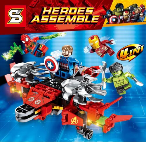 Bộ lắp ghép Siêu Anh Hùng SY 7044A Heroes Assemble 4in1 với 4 minifigures Iron Man, Captain America, Người Nhện, Hulk, phù hợp bé trai 6 tuổi, giá rẻ.