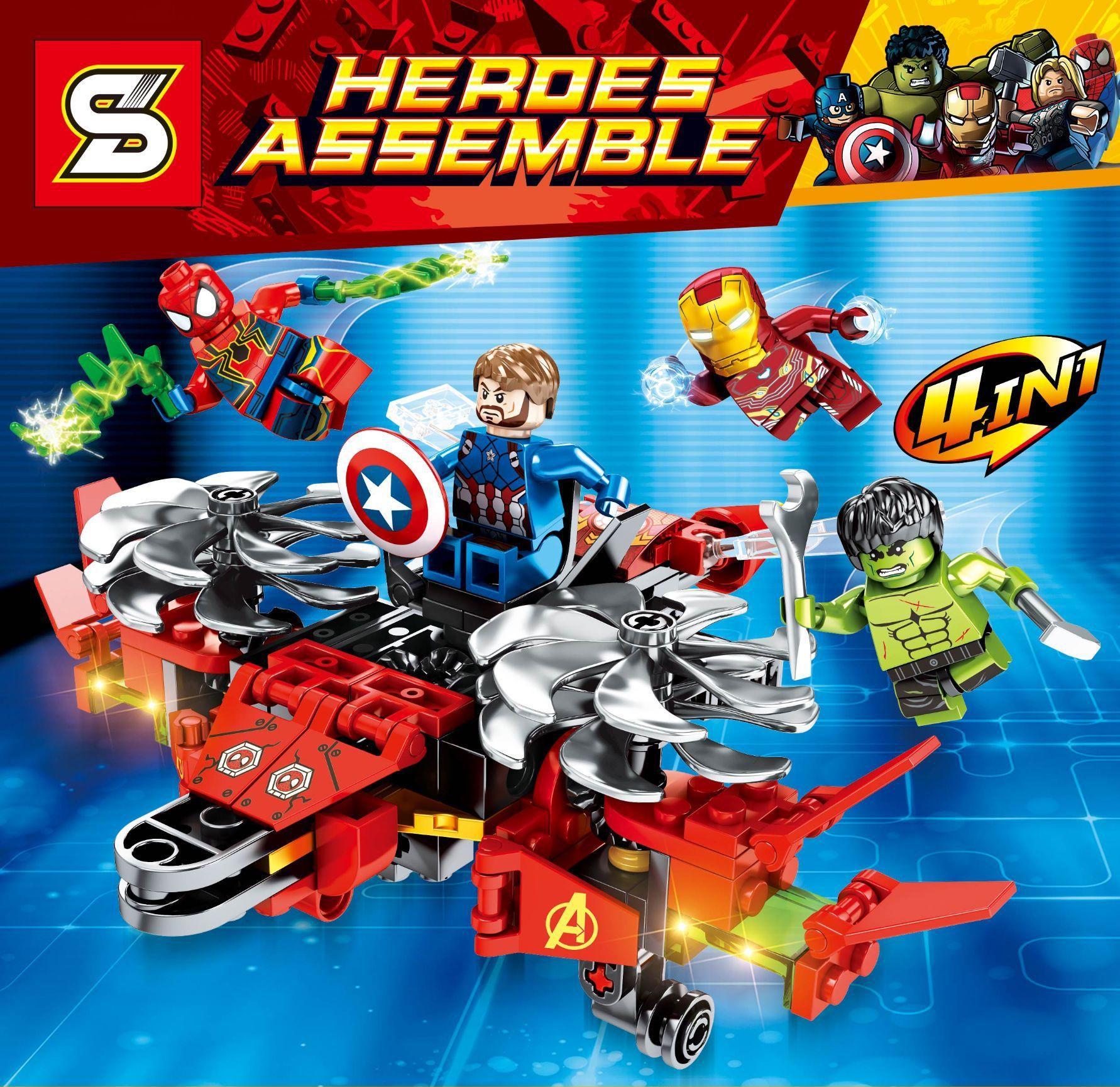 Bộ lắp ghép Siêu Anh Hùng SY 7044A Heroes Assemble 4in1 với 4 minifigures Iron Man, Captain America, Người Nhện, Hulk, phù hợp bé trai 6 tuổi, giá rẻ.