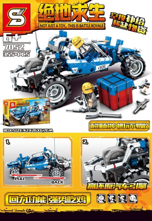 Bộ lắp ghép Xe Buggy Xanh PUBG SY 7052 với động cơ kéo lùi, chất lượng cao, phù hợp cho bé trai 6 tuổi, giá tốt.