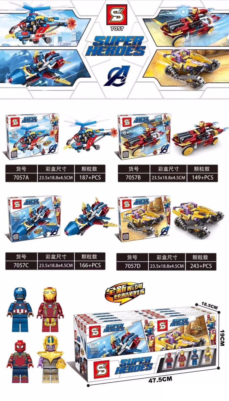Bộ lắp ghép Xe Siêu Anh Hùng SY 7057 với trực thăng và xe chiến đấu Iron Man, đồ chơi lắp ráp chất lượng cao cho bé trai 6 tuổi.