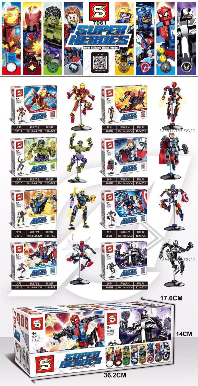 Kích thước hộp của bộ đồ chơi mô hình Các nhân vật Marvel SY 7061, thể hiện rõ chiều dài 36.2cm, chiều rộng 17.6cm và chiều cao 14cm.