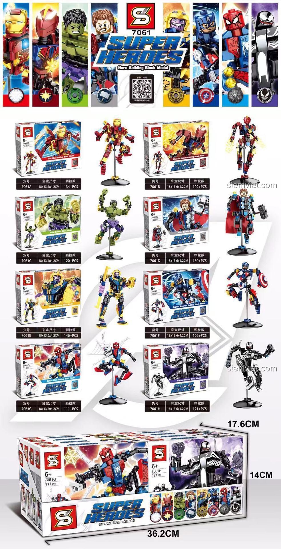 Nhân vật Avengers JIAZHI 7061, đồ chơi lắp ráp siêu anh hùng Marvel 061, bộ đồ chơi cho bé trai 6 tuổi, thể hiện kích thước hộp sản phẩm.