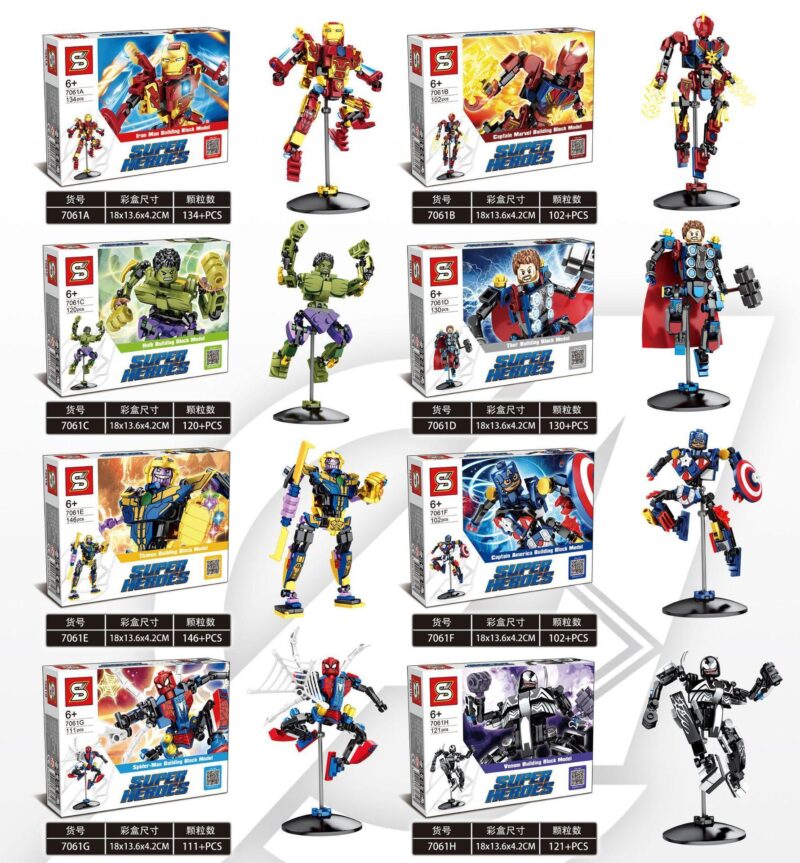 Toàn cảnh bộ lắp ráp Biệt đội siêu anh hùng Avengers SY 7061 gồm 8 hộp và 8 mô hình nhân vật Marvel sau khi lắp ráp, dành cho bé trai 6 tuổi.