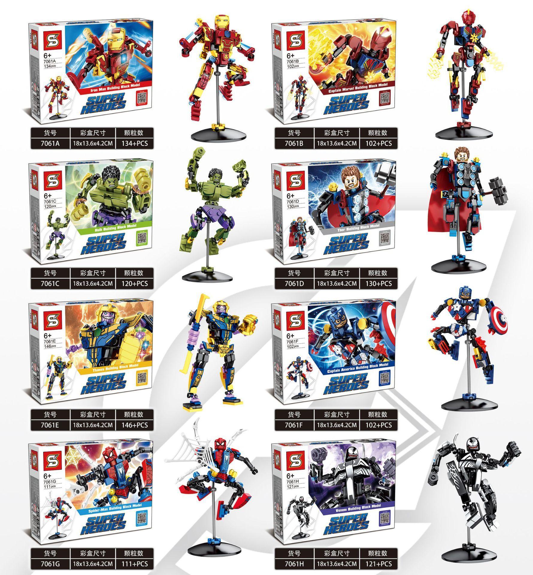 Bộ lắp ghép Biệt đội Siêu anh hùng SY 7061C giá tốt, mô tả 8 nhân vật Iron Man, Captain America, Hulk, Thor, Thanos, Captain Marvel, Spider-Man, Venom, phù hợp bé trai 6 tuổi.