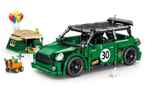 Ảnh bìa bộ lắp ráp Xe Đua Mini Cắm Trại SY 8316 màu xanh lá cây, kèm theo lều trại và xe kéo mini, phù hợp cho bé trai 6 tuổi.