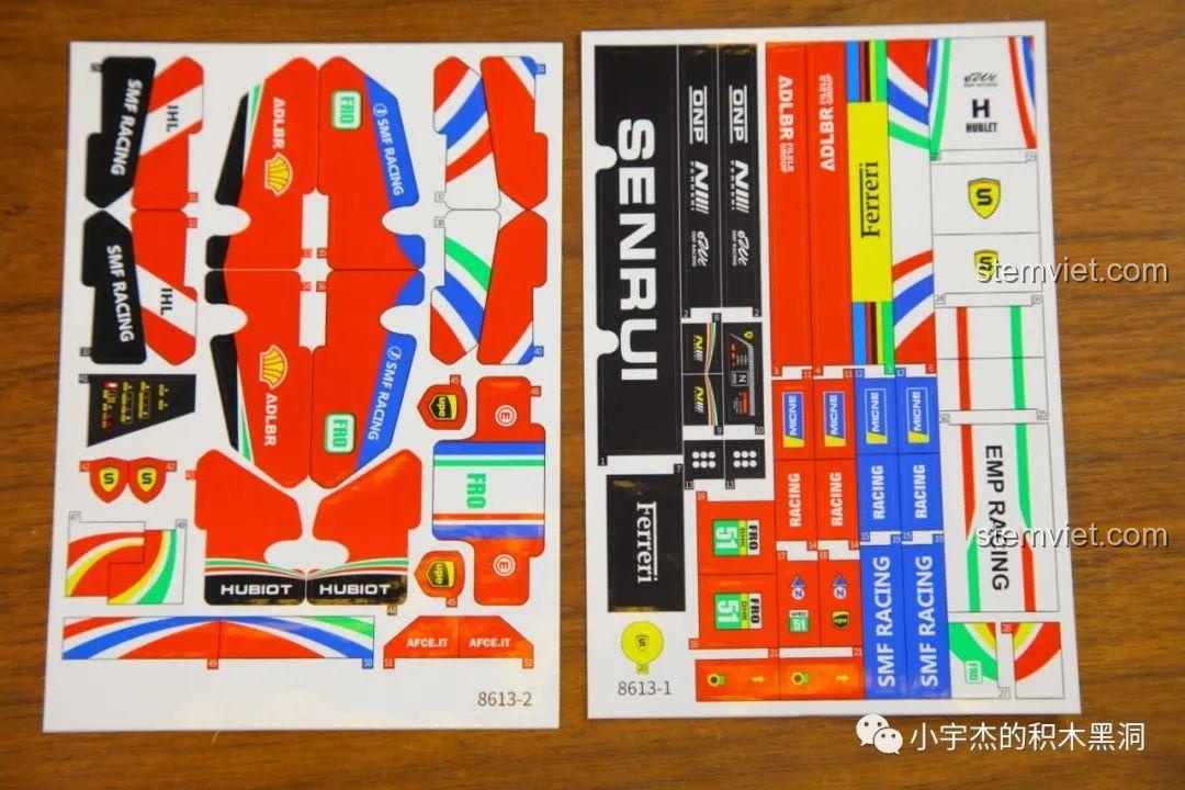 Các tấm decal dán đi kèm bộ lắp ghép Ferrari 488 GTE SY 8613, giúp trang trí và tăng tính chân thực cho mô hình xe đua.