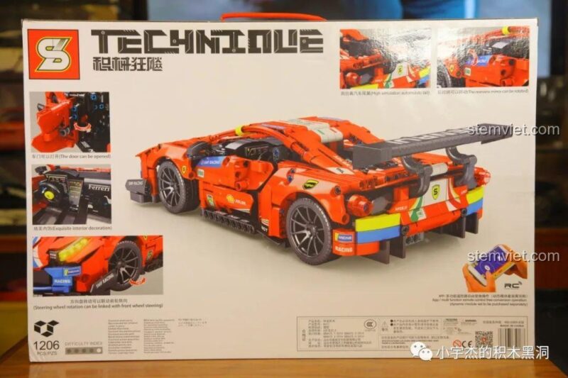 Thông số kỹ thuật trên hộp bộ lắp ghép Ferrari 488 GTE JiaZhi 8613, hiển thị biểu tượng RC và số lượng 1206 mảnh.
