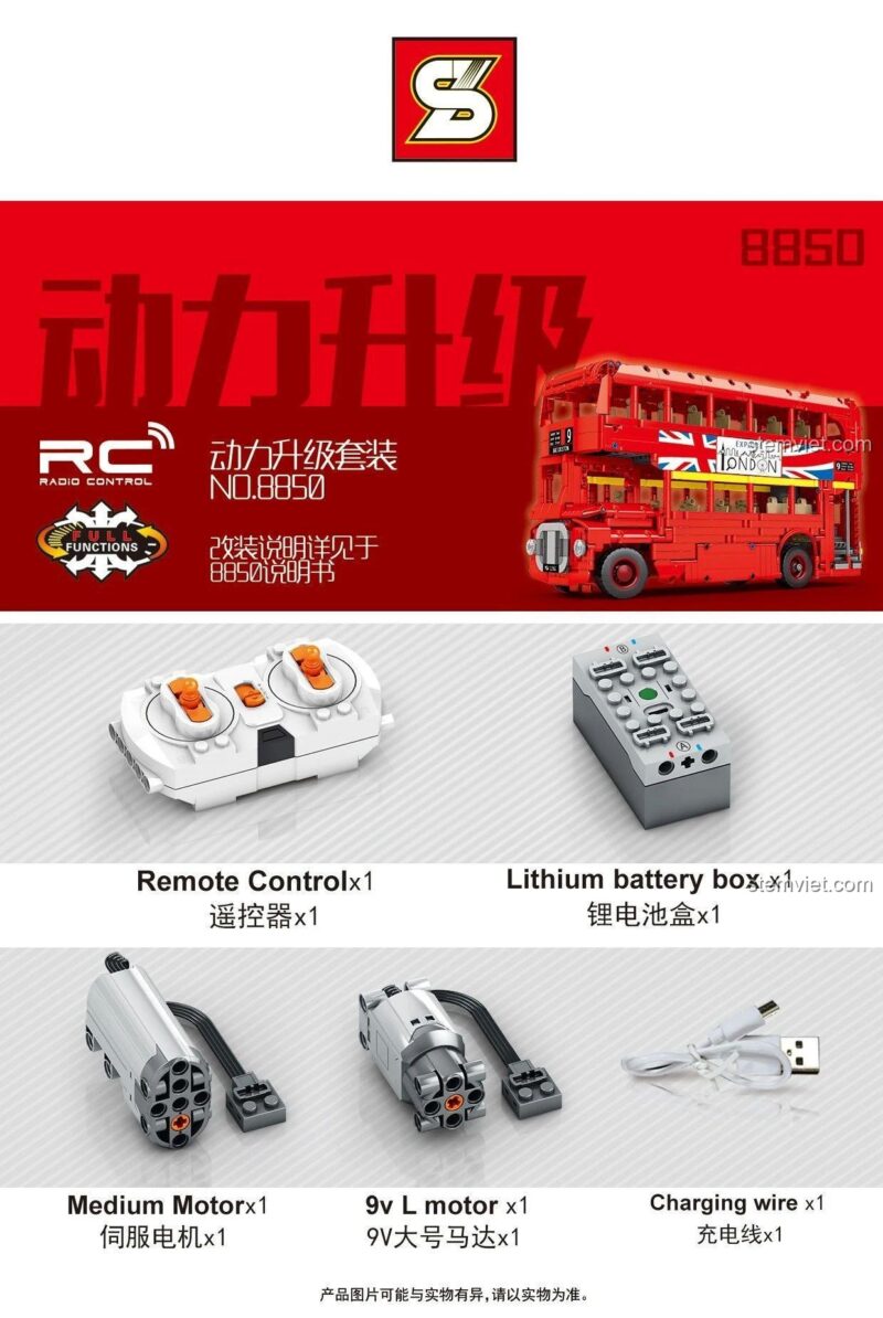 Phụ kiện điều khiển từ xa cho đồ chơi mô hình SY 8850 Xe buýt Luân Đôn, bao gồm động cơ và pin sạc, tăng trải nghiệm chơi cho bé trai 6 tuổi.