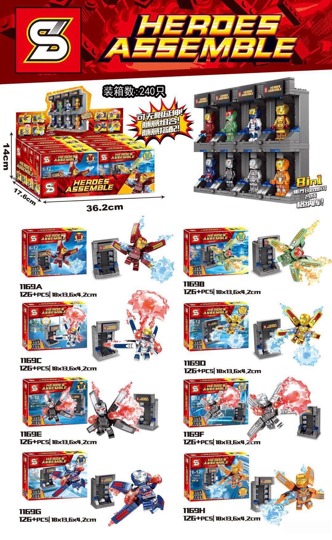 Bộ lắp ghép Người Sắt SY Block 1169H với 8 minifigures Iron Man và kho chứa giáp, đồ chơi lắp ráp chất lượng cao cho bé trai 6 tuổi, giá tốt.