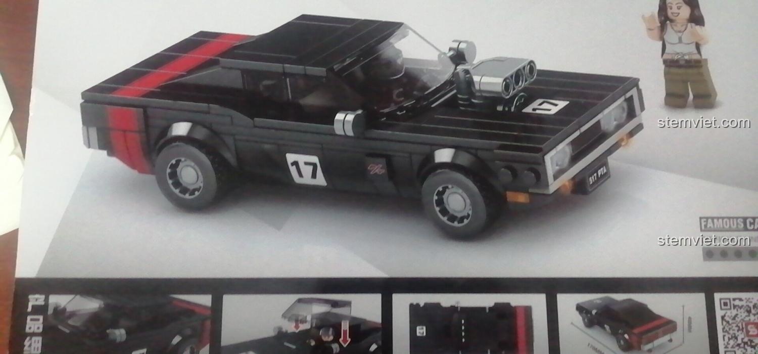 Ảnh chụp thực tế hộp đồ chơi lắp ghép Xe thể thao cổ điển Dodge Challenger 1970 SY Block 5117, cho thấy chi tiết mô hình và minifigure nữ tay đua.
