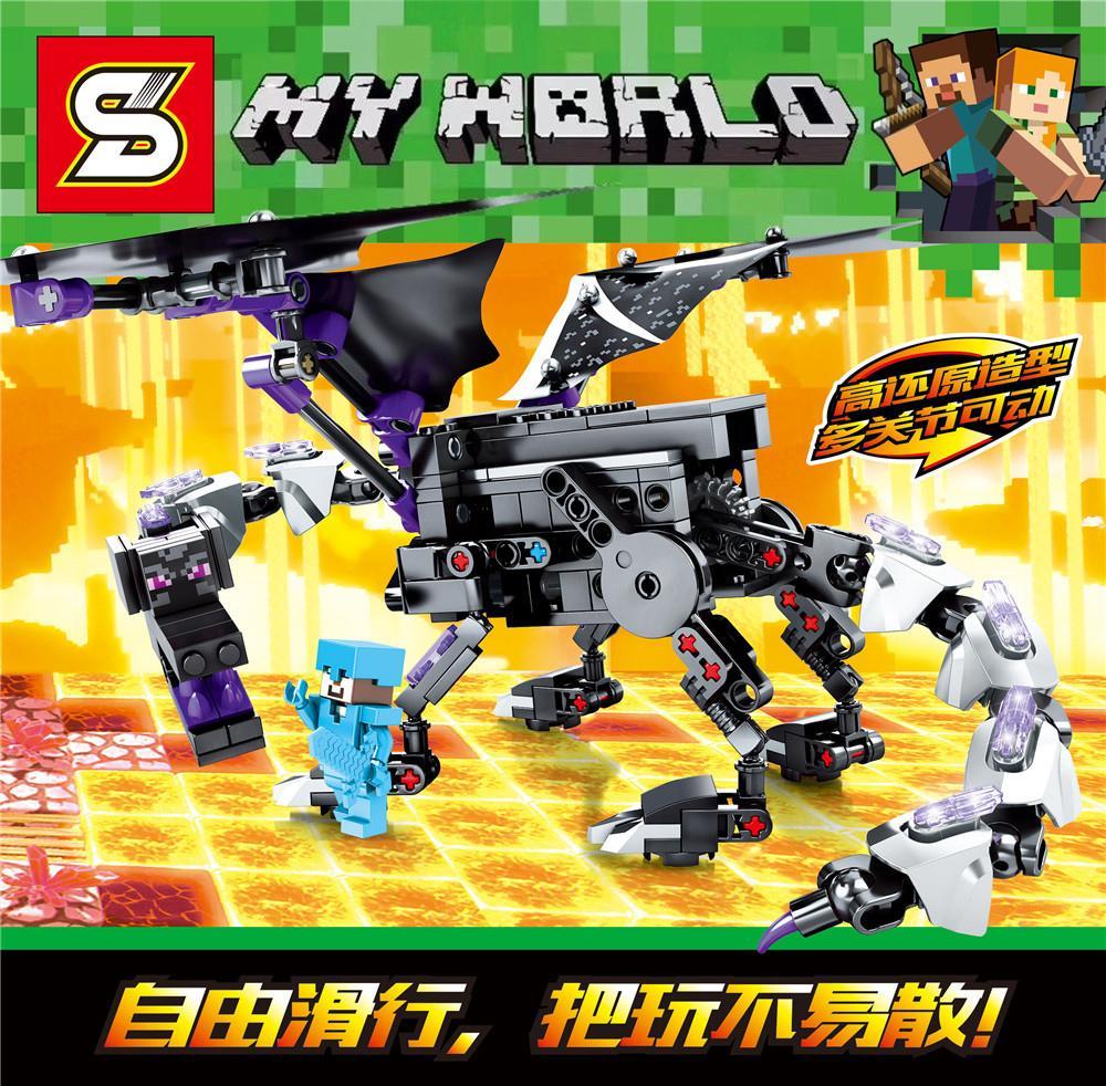 Bộ lắp ghép SY Jia Zhi 7043 Rồng Ender Minecraft với 285 mảnh ghép, mô hình rồng đen và tím mạnh mẽ, phù hợp cho con trai 16 tuổi yêu thích game Minecraft, giá tốt.