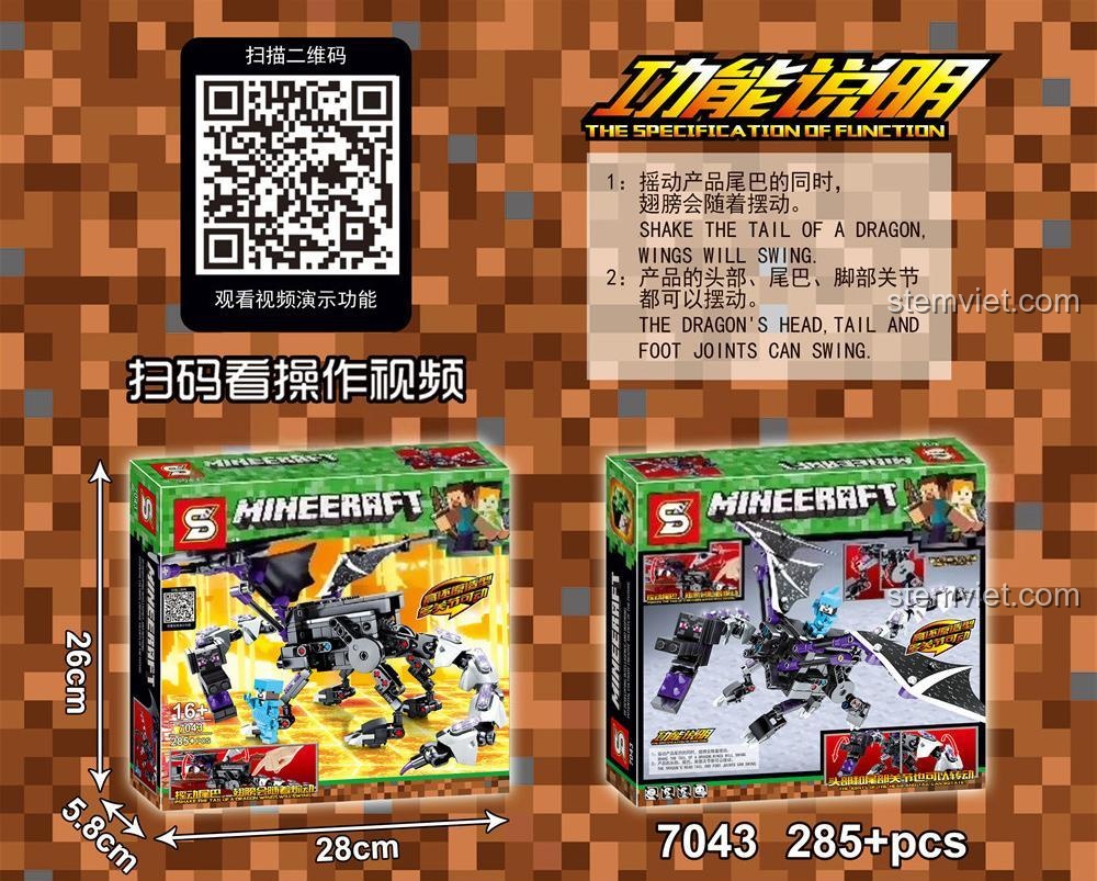 Hộp đồ chơi lắp ráp SY Jia Zhi 7043 Rồng Ender Minecraft với kích thước 28x5.8x26cm, thể hiện rõ số lượng 285 mảnh ghép, là lựa chọn tiết kiệm cho bé trai 16 tuổi.