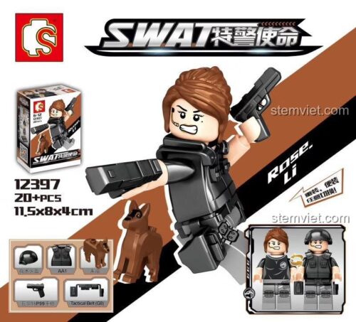 Minifigure Đặc Nhiệm SWAT Rose Li 12397 của SY JIAZHI, đồ chơi mô hình lính đặc nhiệm với phụ kiện súng và chó, bộ lắp ghép chất lượng cao cho bé trai.