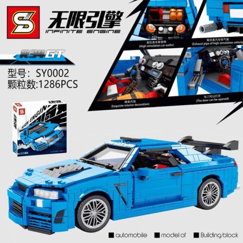 Bộ lắp ghép SY Nissan Skyline GTR R34 màu xanh dương, 1286 chi tiết, đồ chơi mô hình xe hơi thể thao cho bé trai 6 tuổi, động cơ vô hạn, có đèn LED, điều khiển từ xa, giá tốt