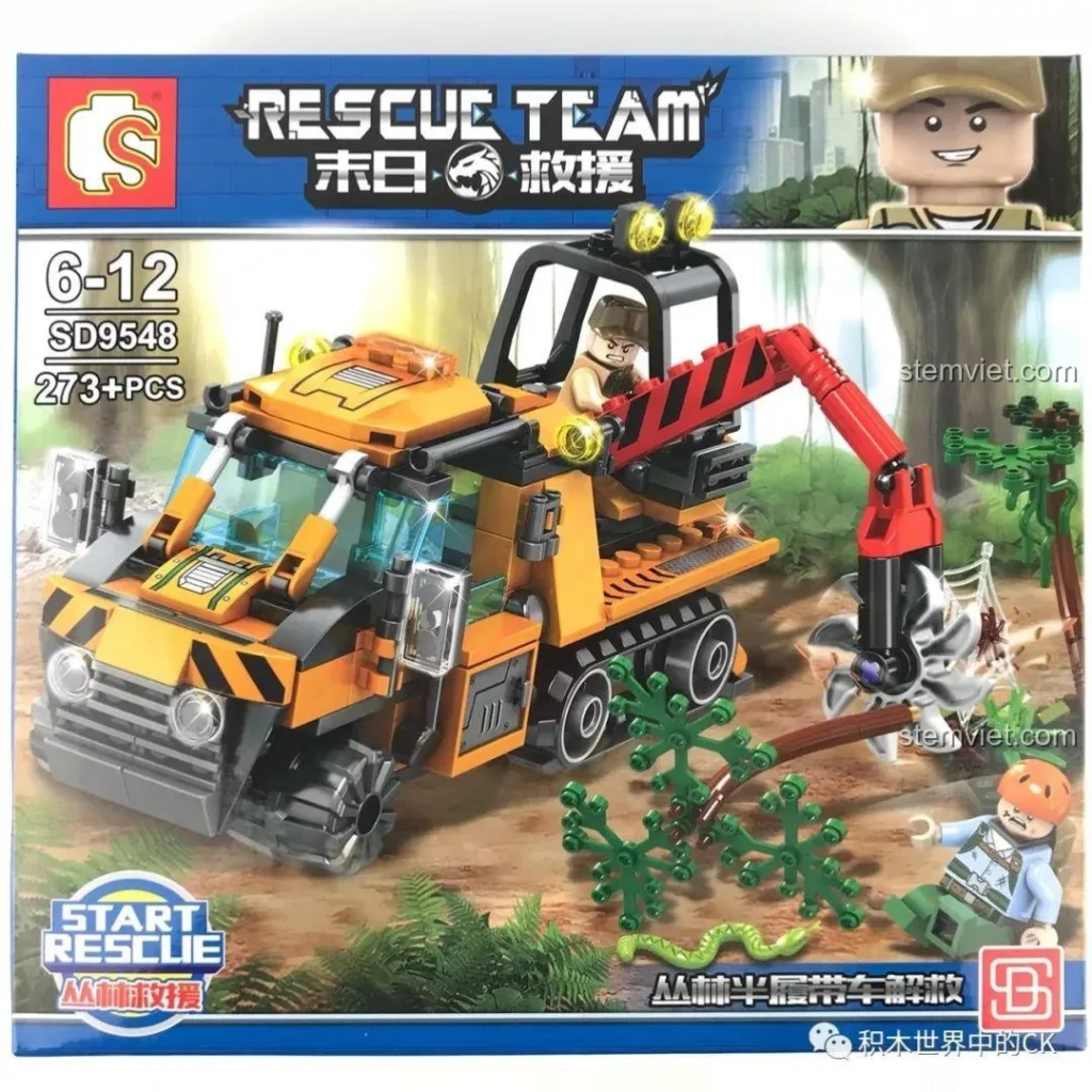 Hộp đồ chơi lắp ráp SY SD9548 Xe Bán Xích Cứu Hộ Rừng Rậm với hình ảnh xe và minifigure, thu hút bé trai 6 tuổi.