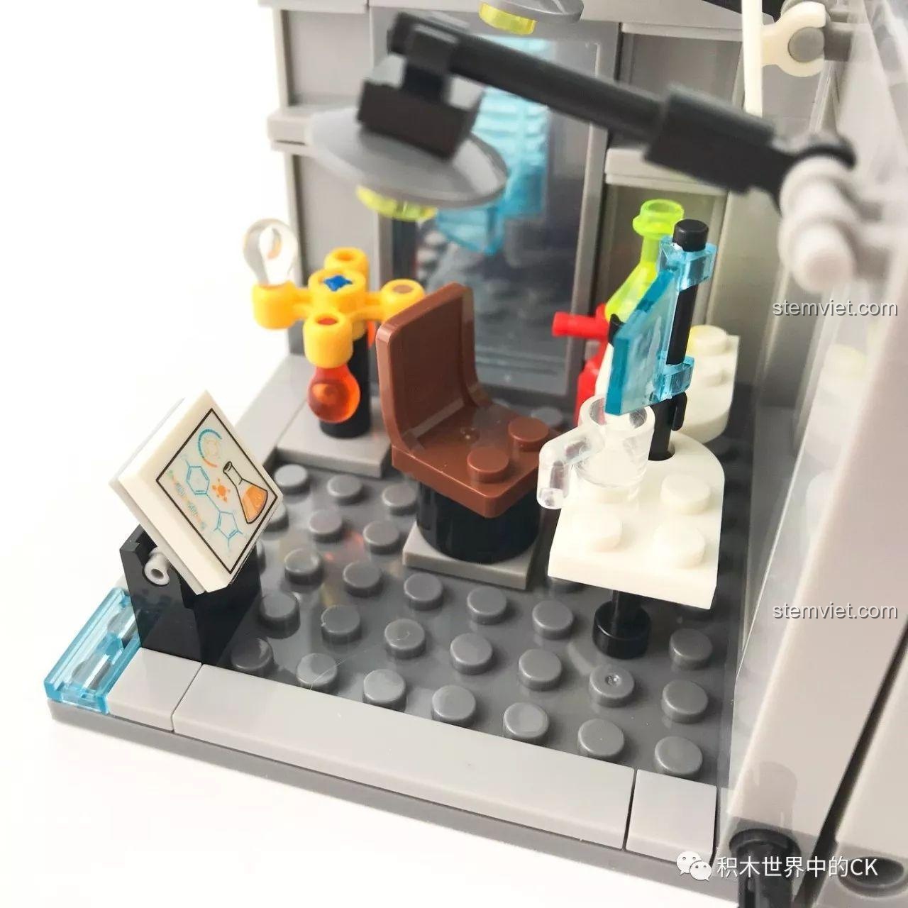 Chi tiết phòng riêng của Giáo sư Vương trong bộ lắp ghép SY SD9606 Phòng thí nghiệm sinh hóa cảnh sát tương lai, đồ chơi xây dựng với camera giám sát.