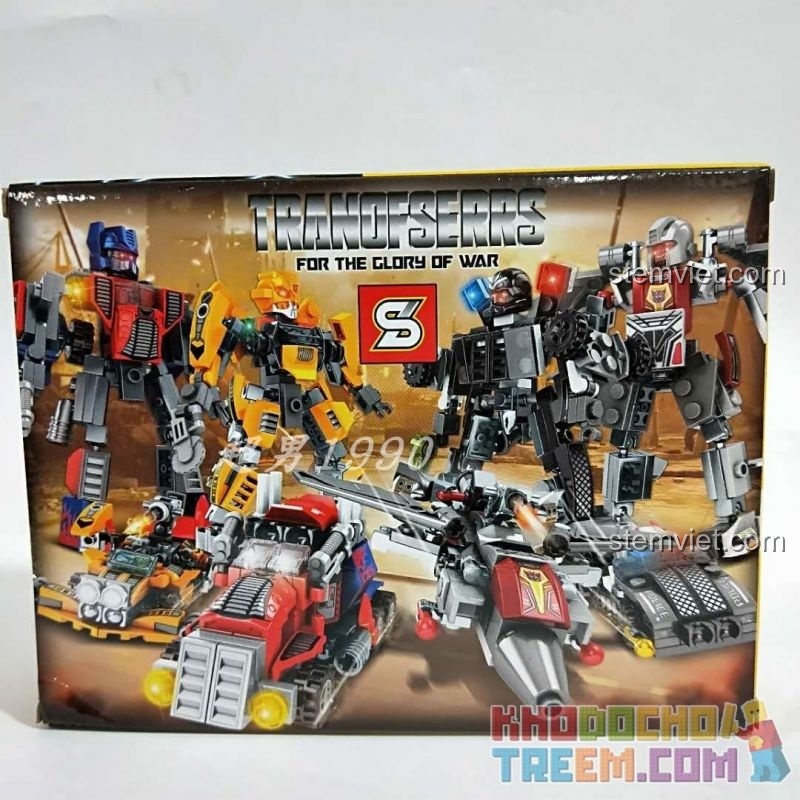 Mặt sau hộp đồ chơi lắp ghép SY SY1275, mô tả 4 robot biến hình Optimus Prime, Bumblebee, Megatron, Barricade.