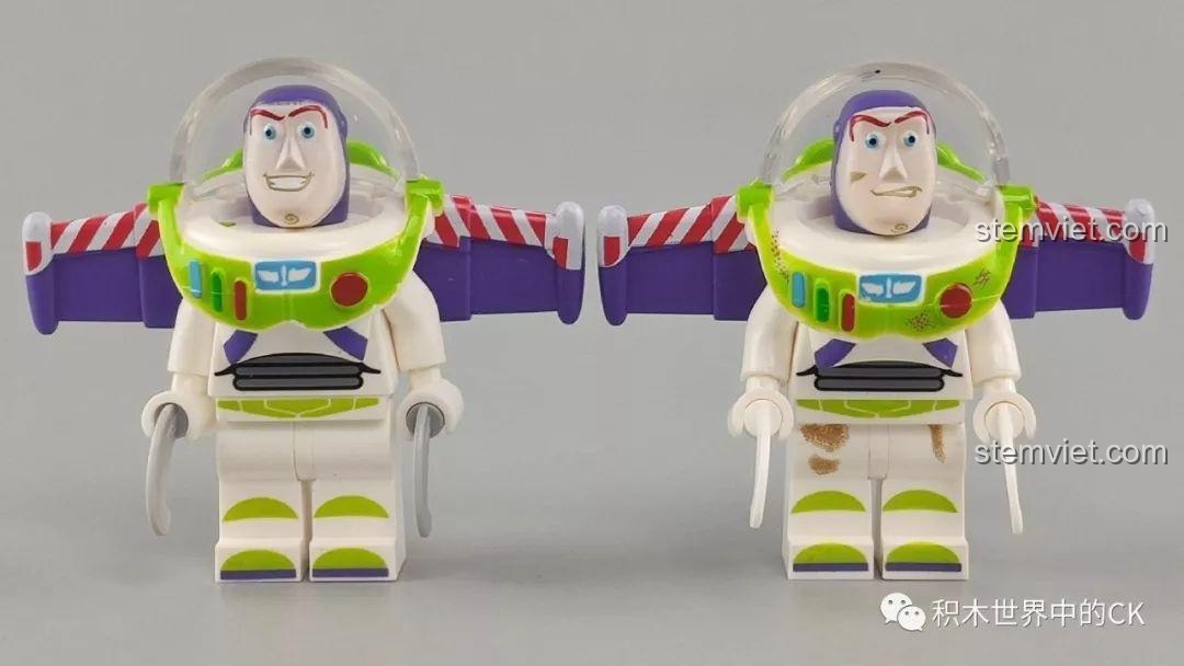 Hai phiên bản minifigure Buzz Lightyear trong bộ SY SY1448 với biểu cảm khác nhau.