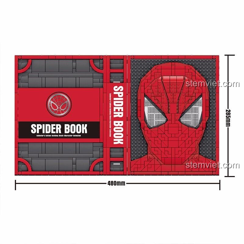 Bộ xếp hình Sách Lắp Ráp Người Nhện, SY1461 Bộ Sưu Tập Minifigure Người Nhện, hình ảnh thể hiện kích thước mô hình sách 480mm x 285mm, giúp dễ dàng hình dung khi trưng bày.