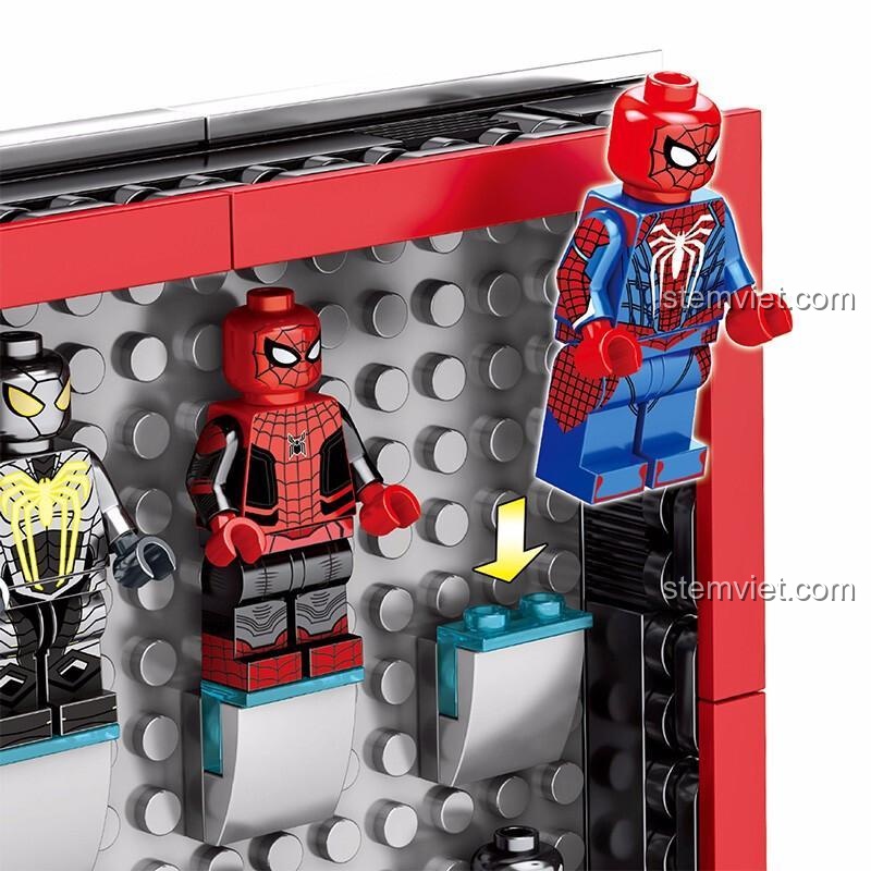 Đồ chơi xây dựng SY, Bộ khối lắp ghép 1461, cận cảnh các minifigure Người Nhện được đặt vào vị trí trong sách, chi tiết tinh xảo, chất lượng cao cấp, phù hợp bé trai 6 tuổi.